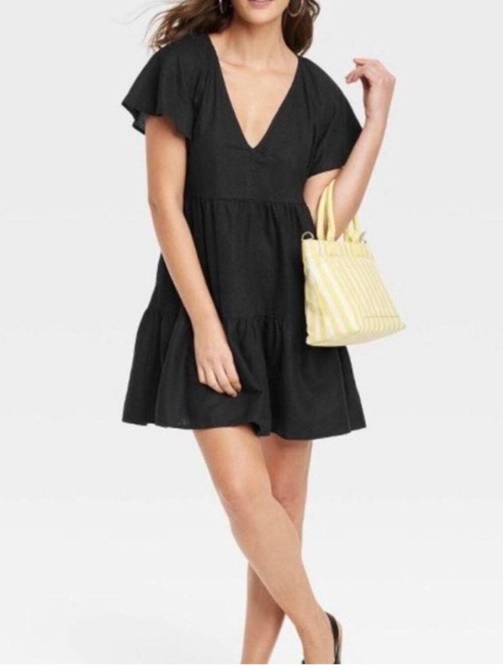 Universal Thread Linen Blend Tiered A-Line Swing Dress Size L Black Minimalist